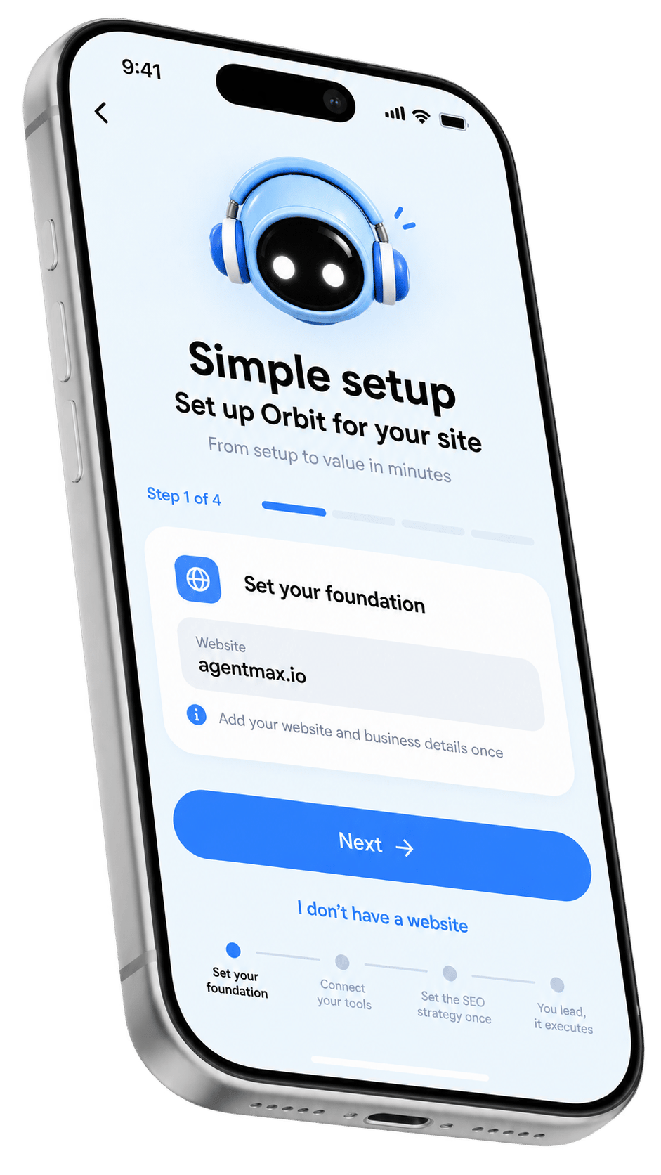 SEO setup screen with foundation details and onboarding progress