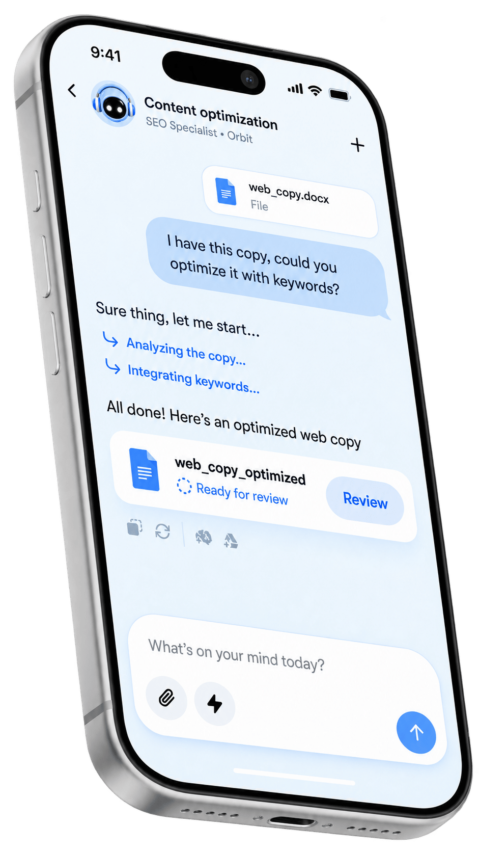SEO content optimization chat with file upload and review state