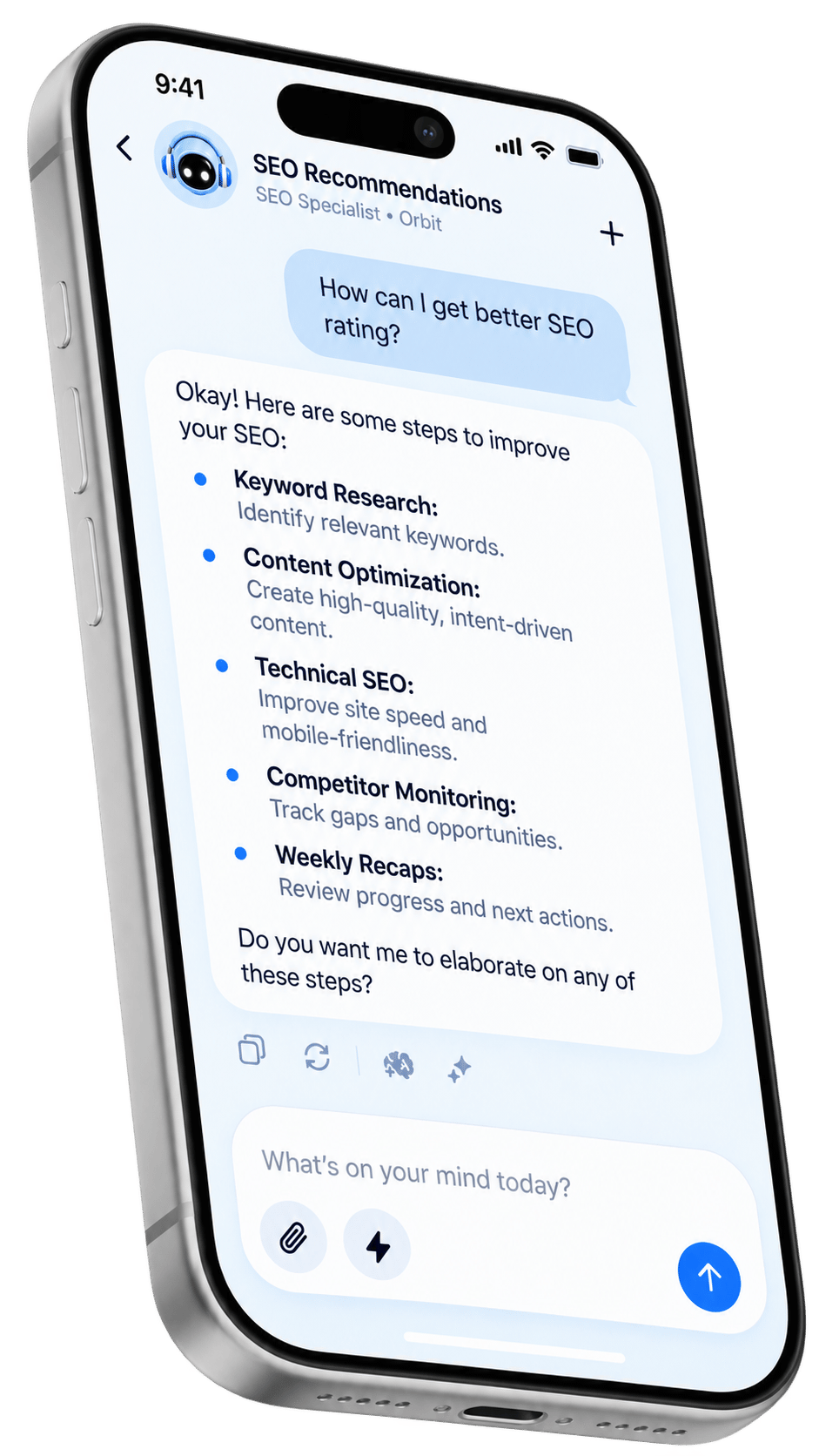 SEO recommendations chat with action items and checklist