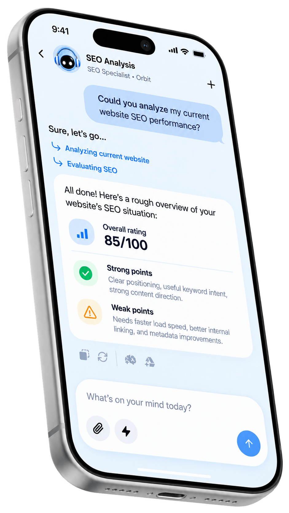 SEO analysis dashboard with rating, strengths, and weak points