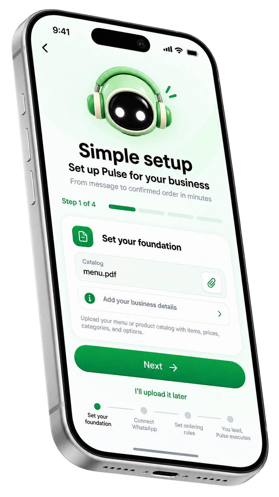 WhatsApp catalog setup with categories, items, and pricing configurations