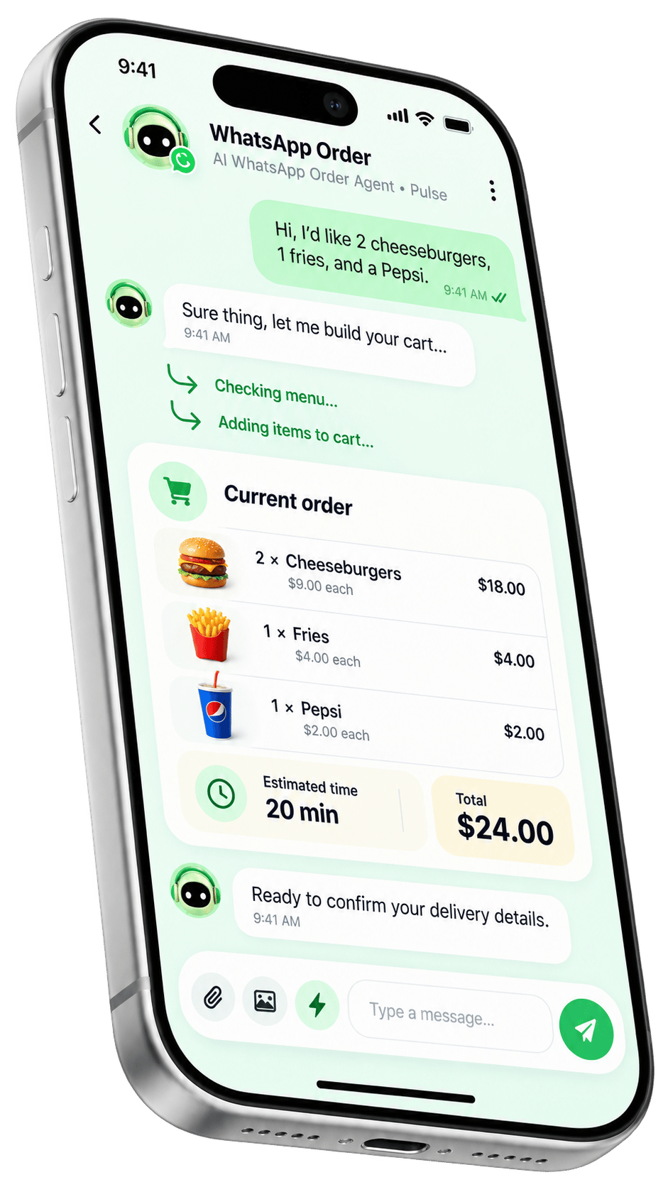 WhatsApp live order chat interface showing items in cart