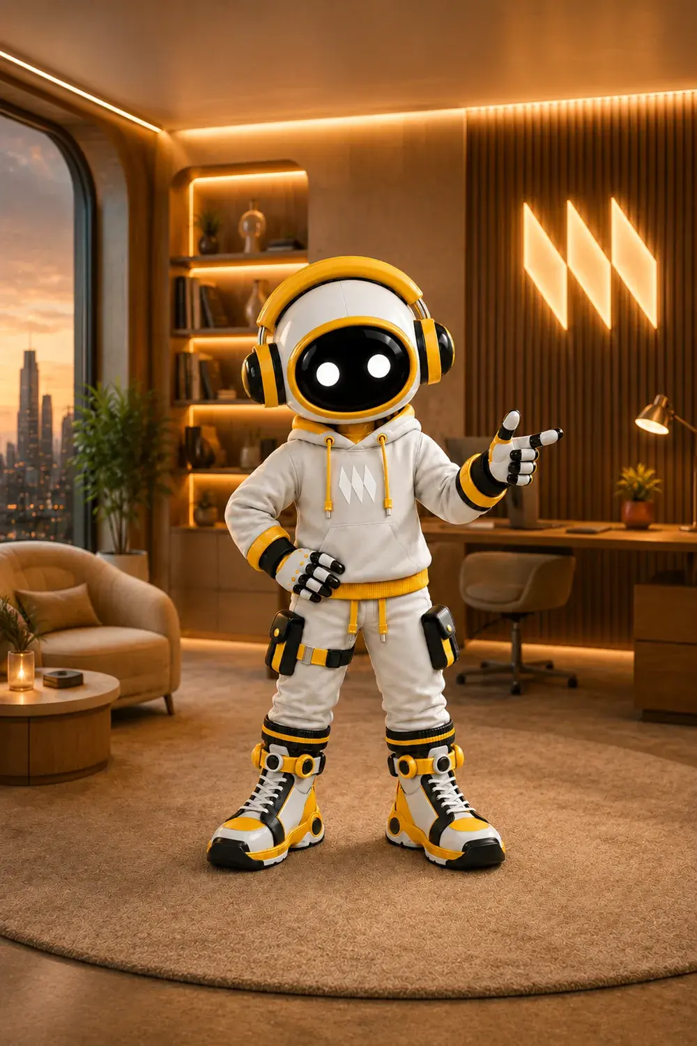 Flint, the business developer agent, in a white and yellow suit in a modern office