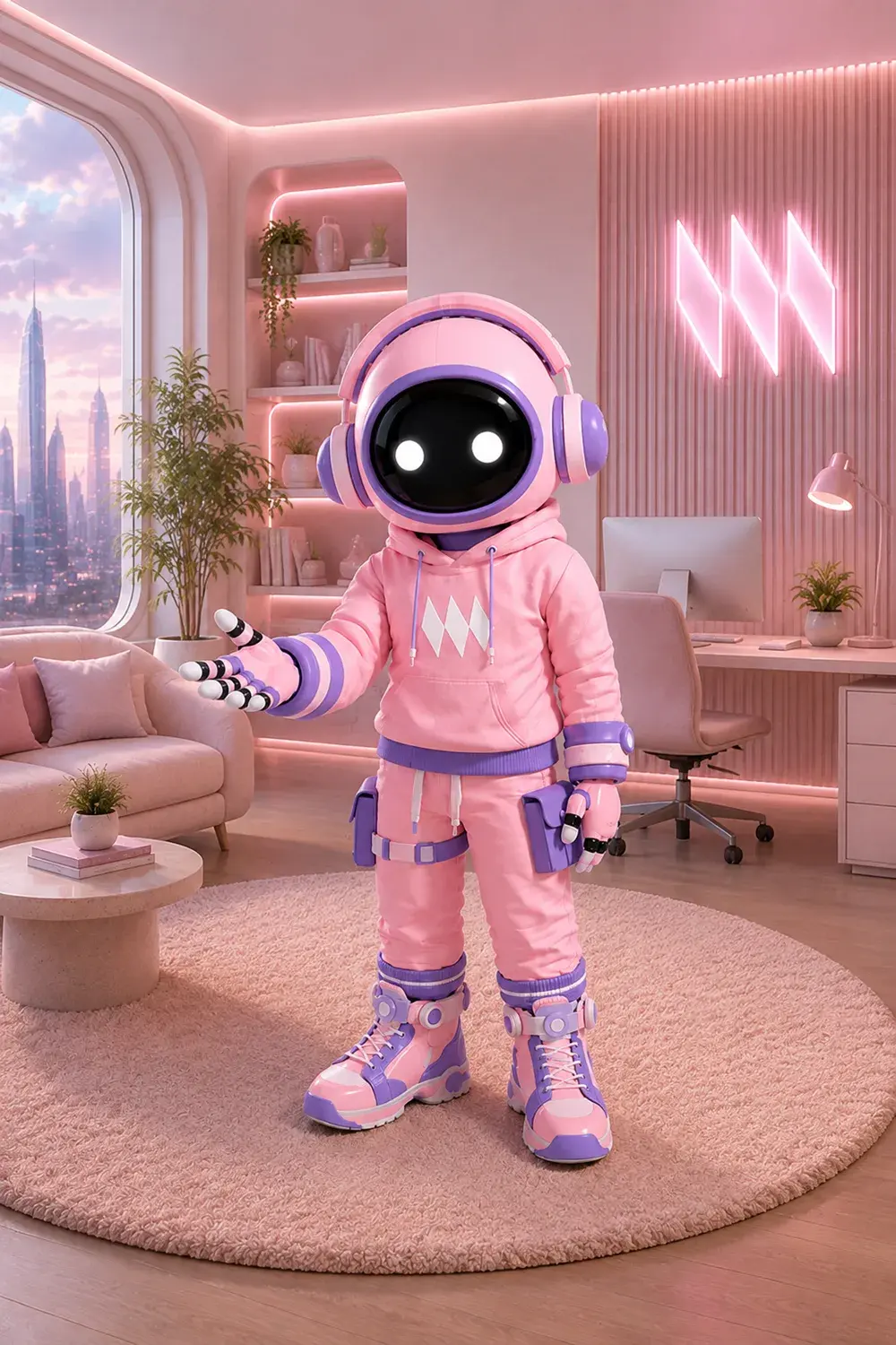 Forge personal agent in a blue astronaut suit near a rocket launch