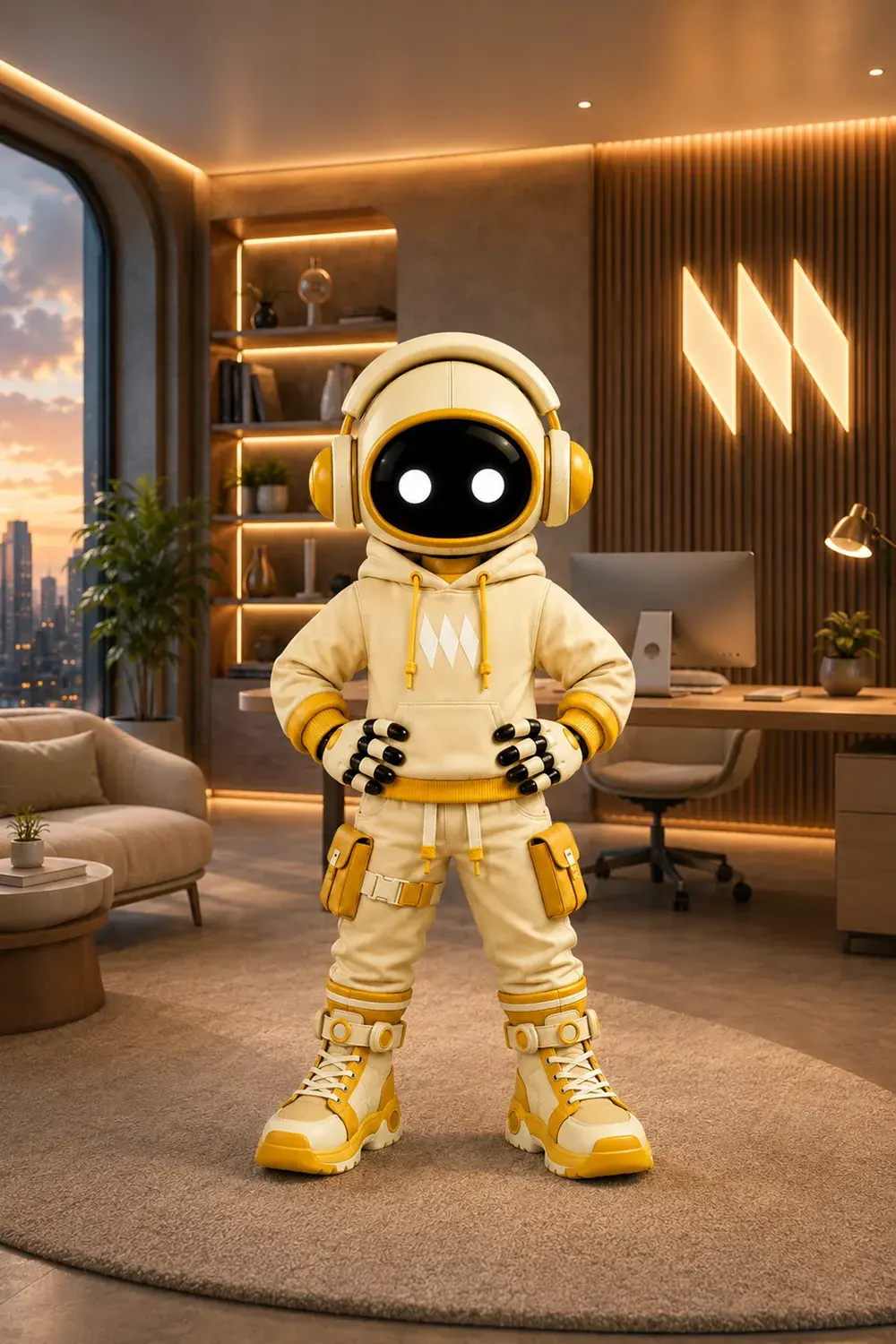 Venn, the synthetic employee agent, in a cream suit in a warmly lit workspace