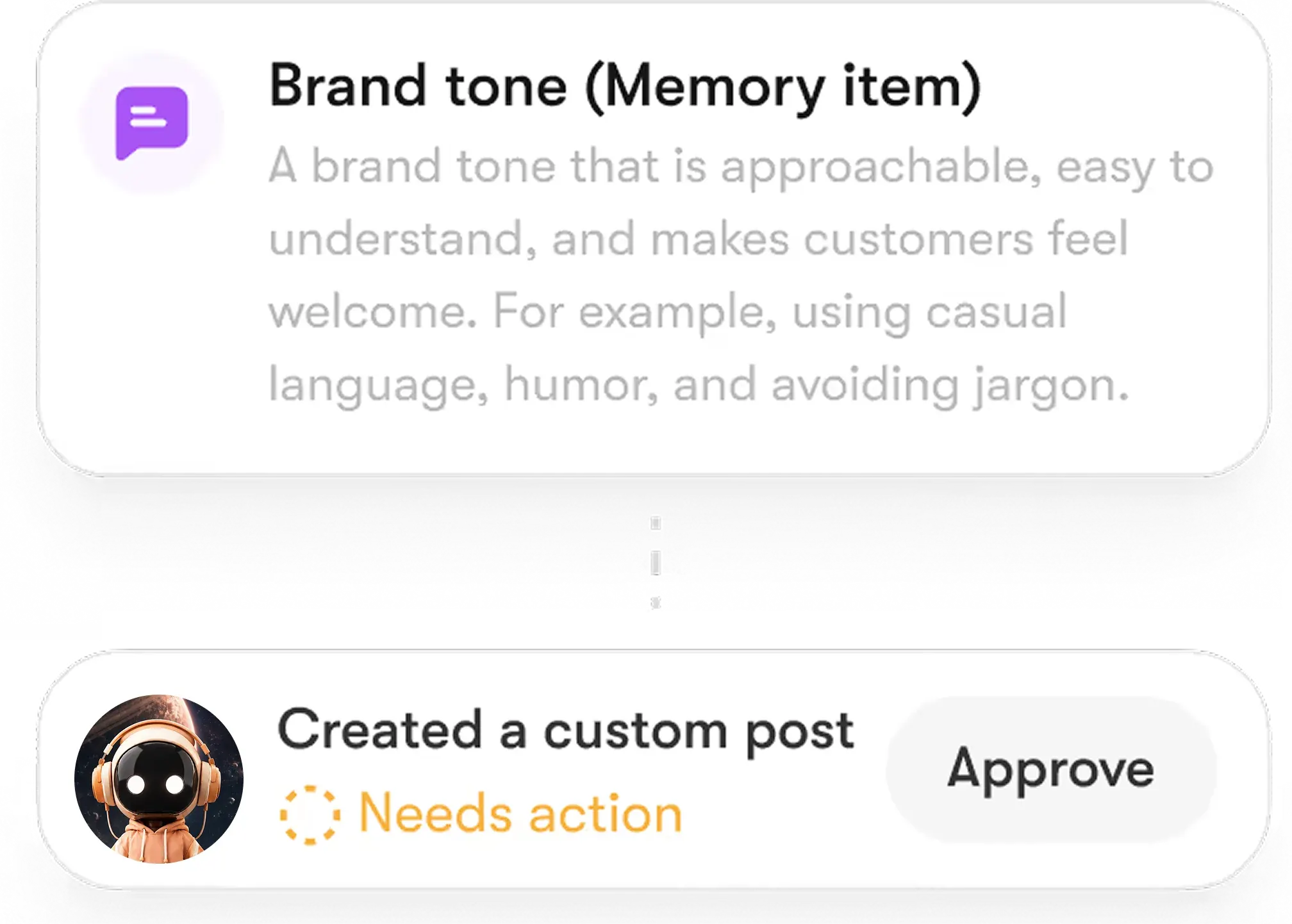 AgentMax memory and approval cards showing brand tone instructions and a custom post approval