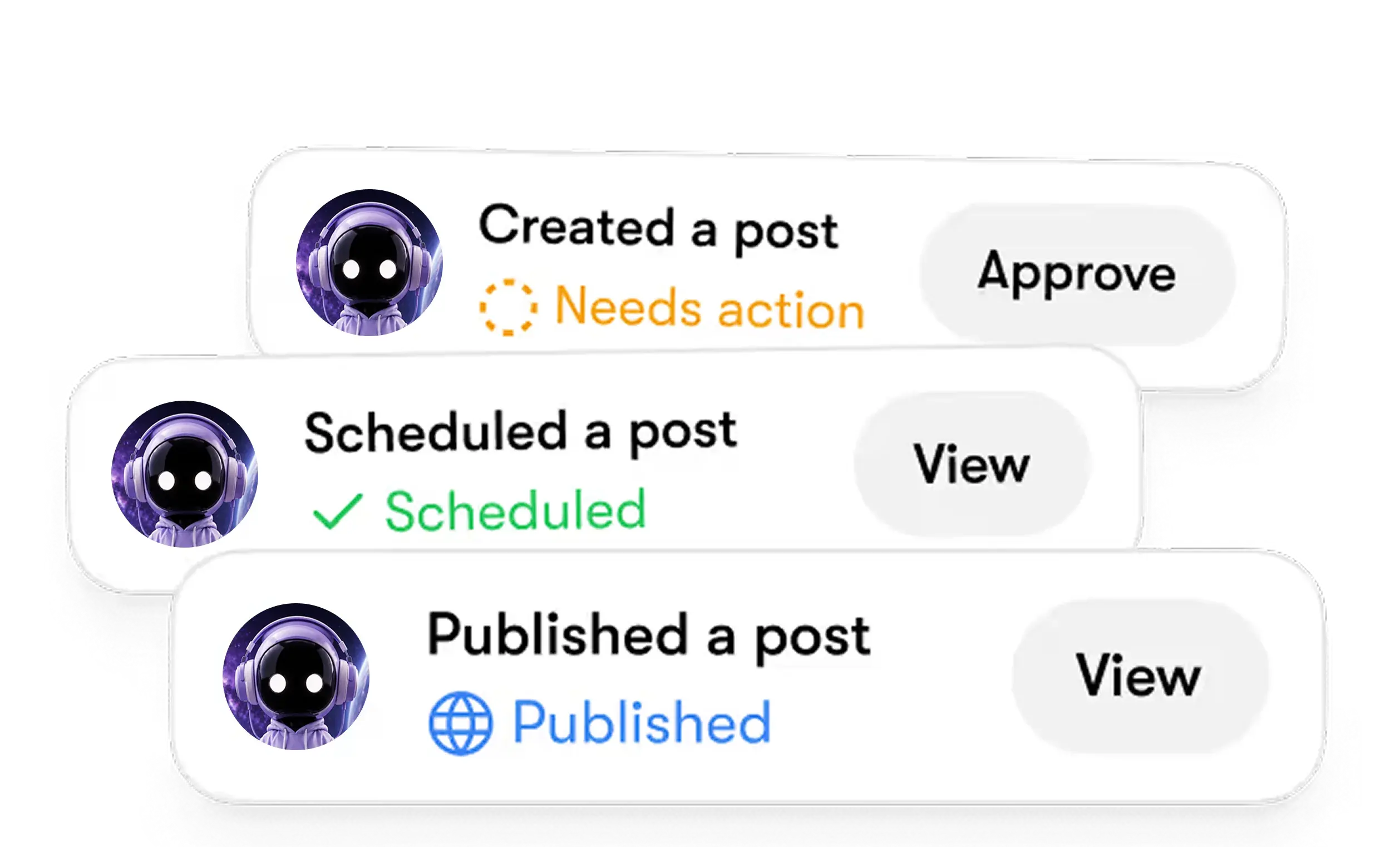 A stack of AgentMax post workflow cards showing created, scheduled, and published posts