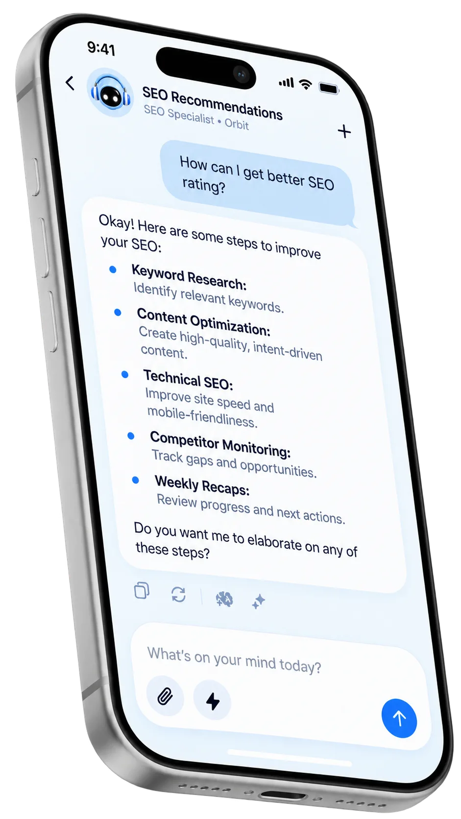 SEO recommendations chat with action items and checklist