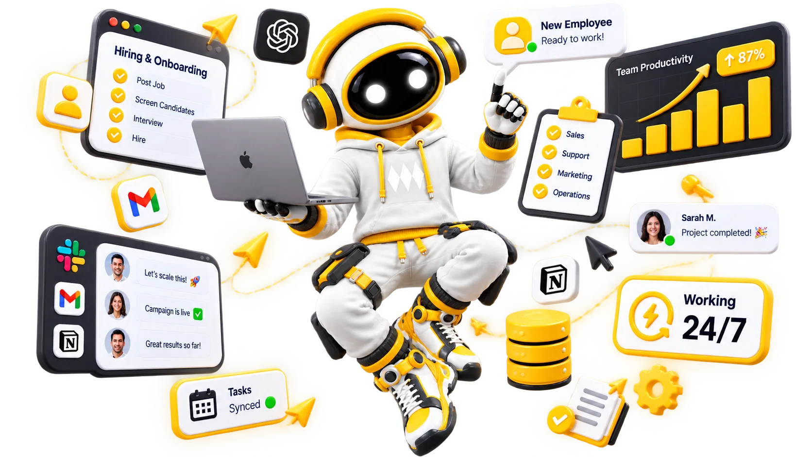 The Flint character holding a laptop, surrounded by a hiring and onboarding checklist, a team productivity chart up 87 percent, and Slack, Gmail and Notion connections.