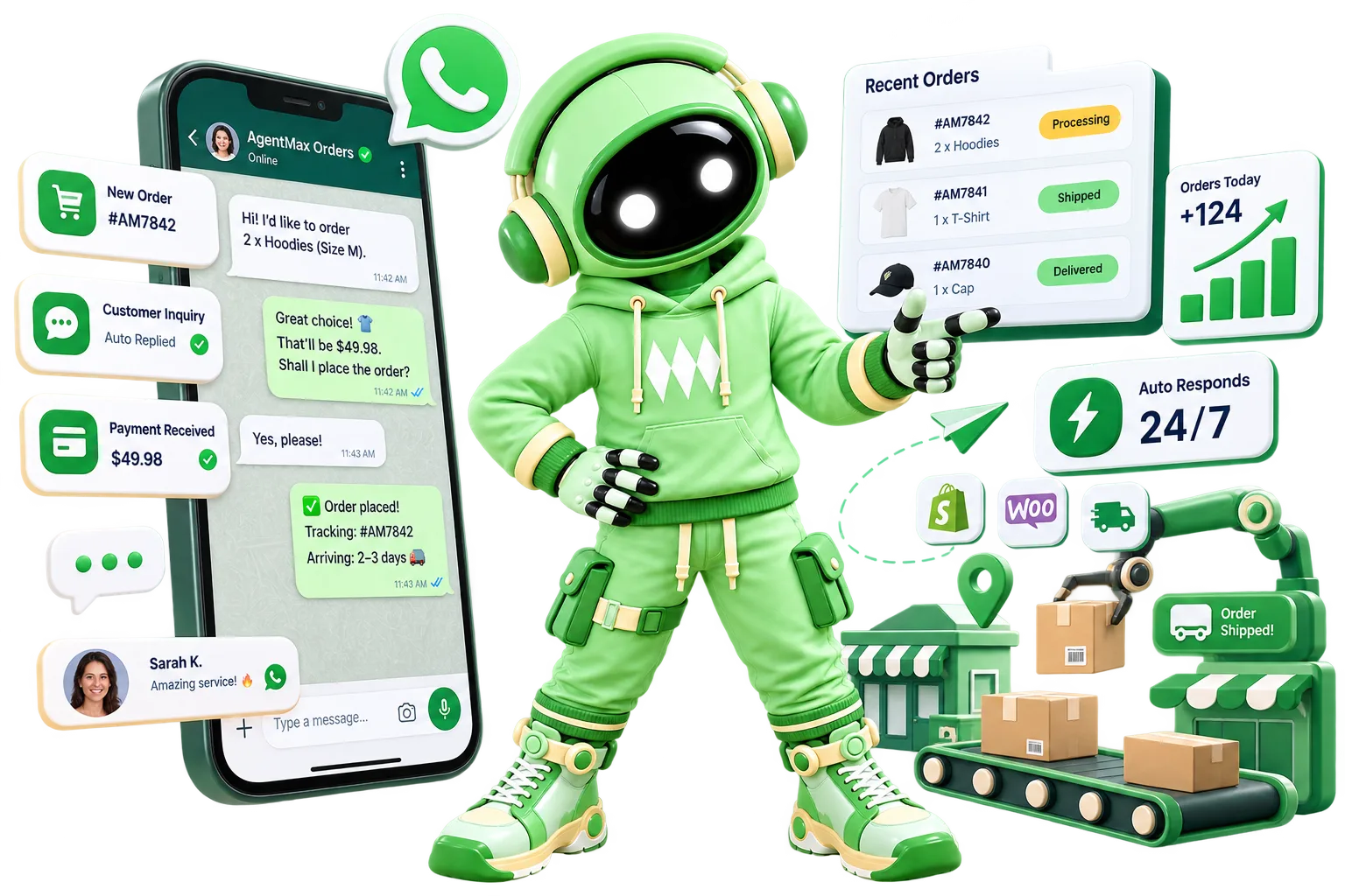 The Pulse character beside a phone showing a WhatsApp order conversation, with panels for recent orders, orders placed today, and Shopify and WooCommerce connections.
