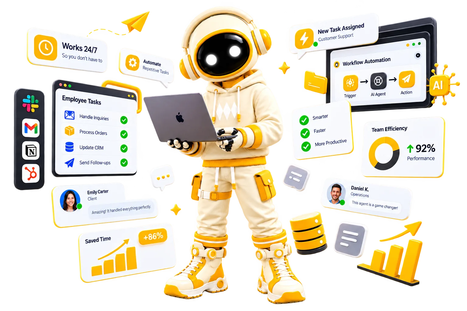 The Venn character holding a laptop, surrounded by an employee task list, a trigger-to-action workflow diagram, and panels reading 92 percent team efficiency and 86 percent time saved.