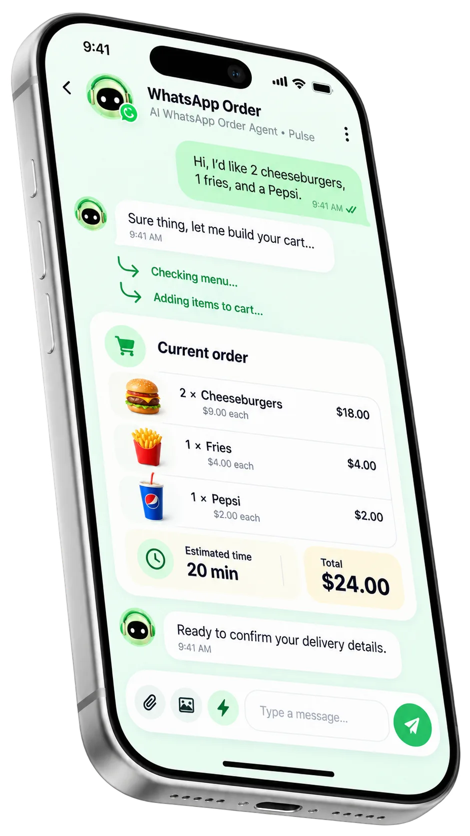WhatsApp live order chat interface showing items in cart
