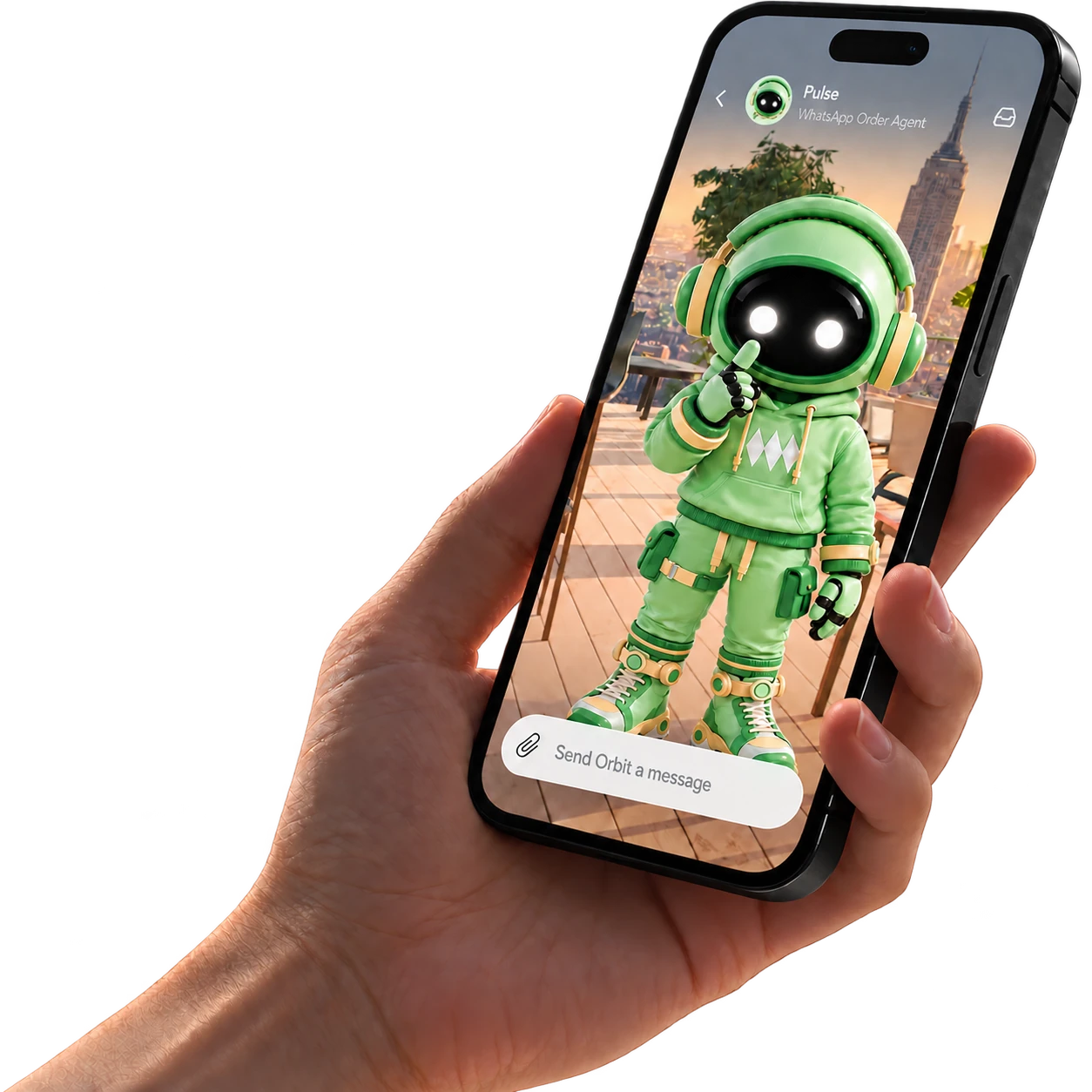 An AI employee answering from a phone held in one hand
